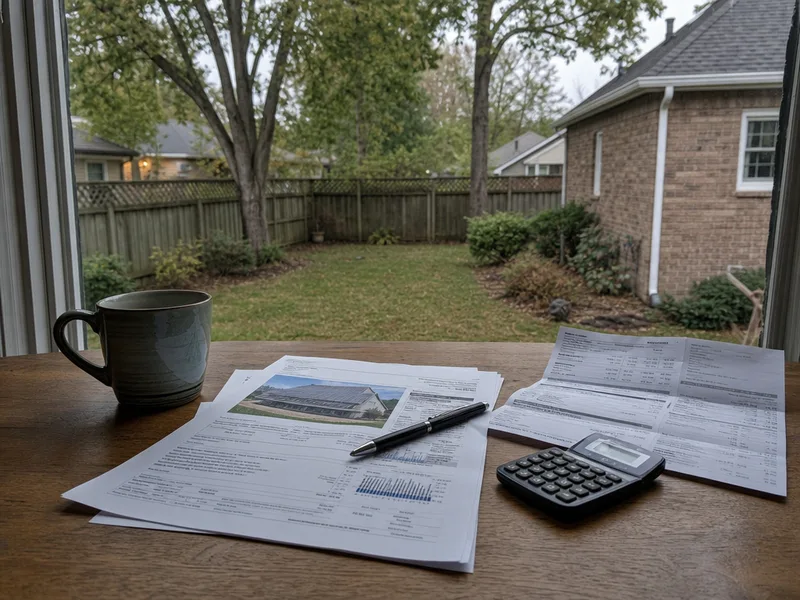 A solar quote, a printed federal tax form and a power bill spread across a kitchen table beside a laptop and a mug, morning light from the window over the sink
