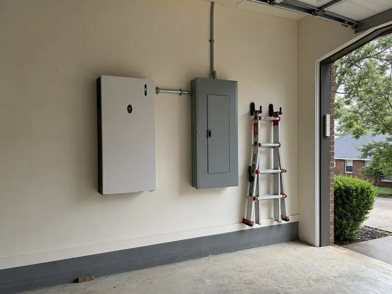 A wall mounted home battery beside the main electrical panel in an attached garage