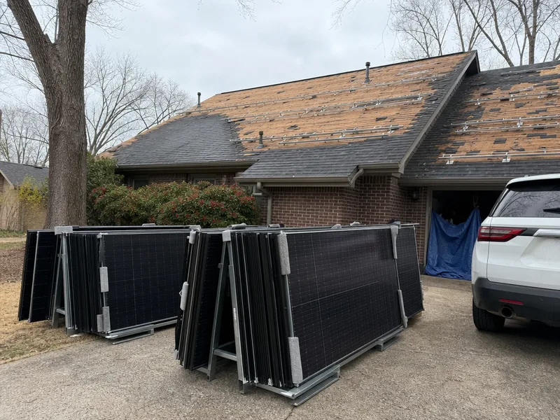 A solar panel removal and reinstall in progress, modules stacked on edge in racks on the driveway while the shingle roof above is stripped back to the deck with the mounting rails still fixed to it