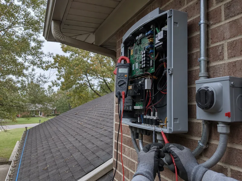 Solar panel repair diagnosis on a Middle Tennessee house, an open string inverter on the brick wall with a multimeter clipped to its DC terminals and gloved hands steadying the probes